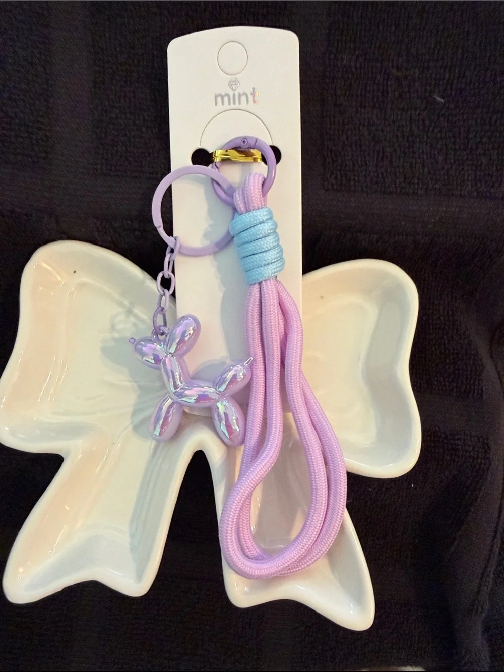 Mint Pastel Balloon Dog Keychain with Lavender Tassel & Light Blue Wrap